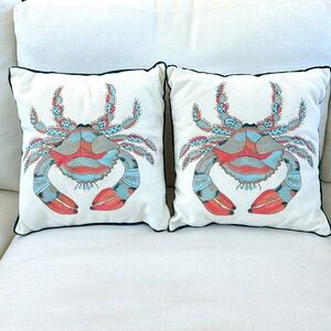 Pier 1 Set of 2 Crab Embroidered Throw Pillows